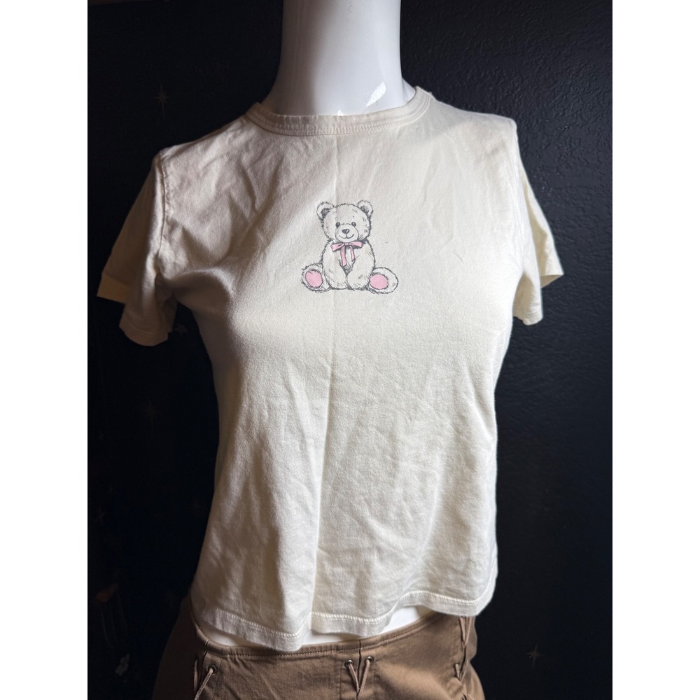 Organic Generation Teddy Bear Graphic Tee Cream Cotton Short Sleeve Top Medium